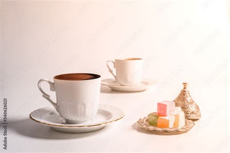 A Cup Of Turkish Coffee With Turkish Delight In Traditional White