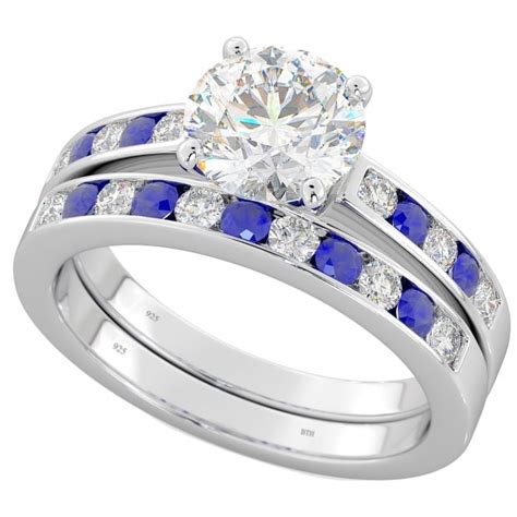 925 Silver Blue Sapphire Cubic Zirconia Wedding Ring Set