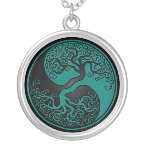 Teal Blue And Black Tree Of Life Yin Yang Silver Plated