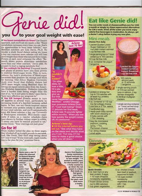 Genie Frances Diet Slim Fast Womens World Magazine Slim Fast Diet