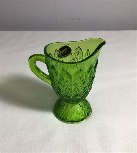 vintage green kanawha hand crafted glassware pitcher mid etsy handcraft vintage green gold