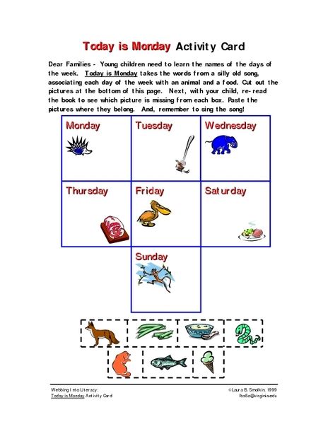 Today Is Monday Activity Card Worksheet For Pre K Kindergarten