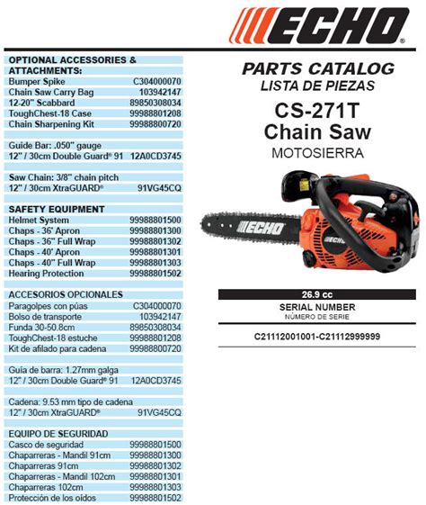 Echo Cs 271t Chainsaw Parts Diagram Sn C21112001001 C21112999999
