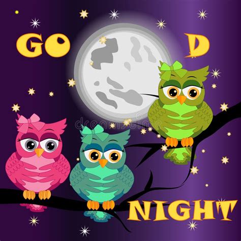 Good Night Card With A Sleeping Owls And A Clouds Illustration Stock