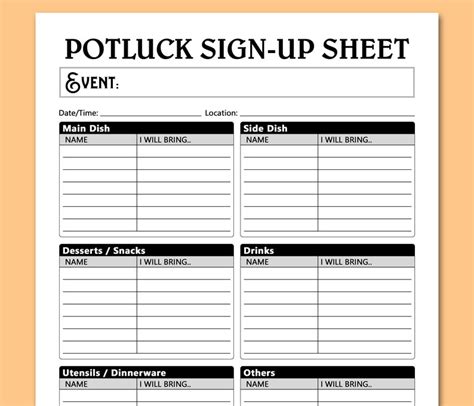 Potluck Sign Up Sheet Printable Template Potluck Dinner