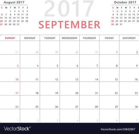 It will take you to the printing page, where you can take the printout by clicking on the browser print button. Calendar planner 2017 september week starts Vector Image