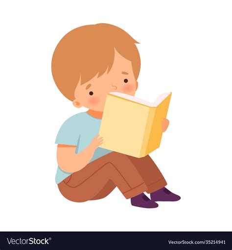 Little Boy Reading Book Cute Kid Sitting On Floor Vector Image