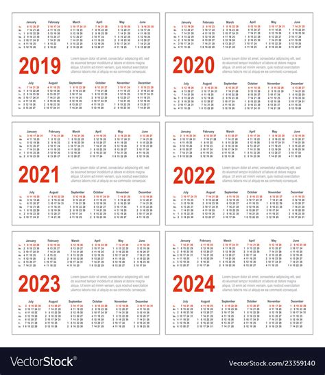 Calendar For 2019 2020 2021 2022 2023 2024 Vector Image