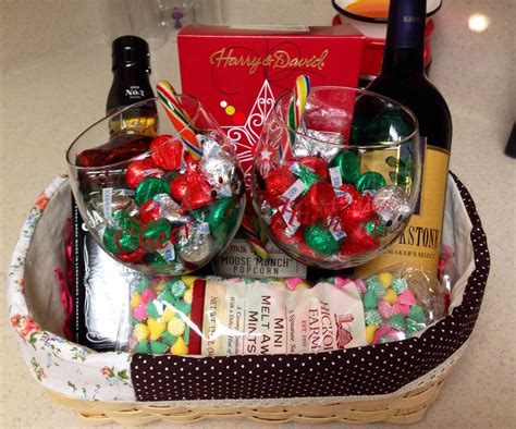 Wine And Liquor Basket With Holiday Wine Glasses One Glass Says Cheer The Other Says