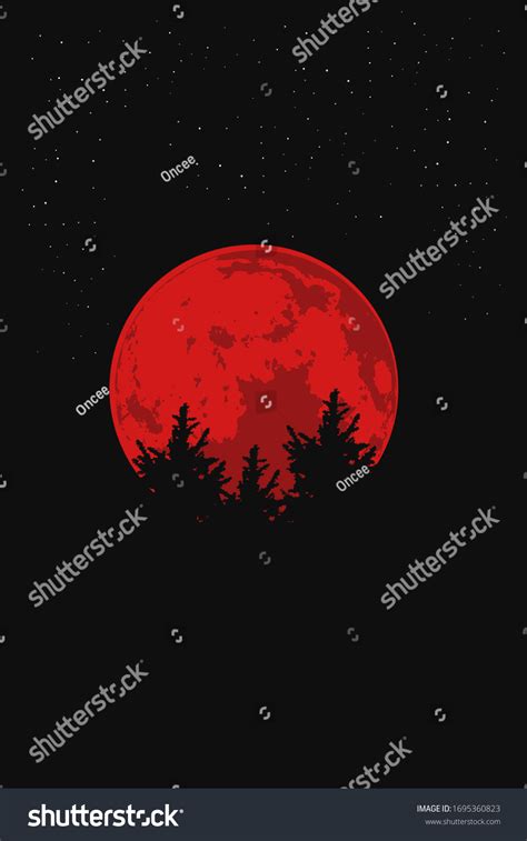 Silhouette Illustration Big Blood Moon Trees Stock Vector Royalty Free