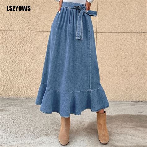 Women Denim Skirts Fashion Autumn High Waist A Line Casual Party Skirts With Belted Ladies
