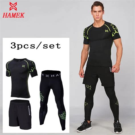 hamek running sets sport compression suit men gym shirt fitness legging mens gym suit t shirt