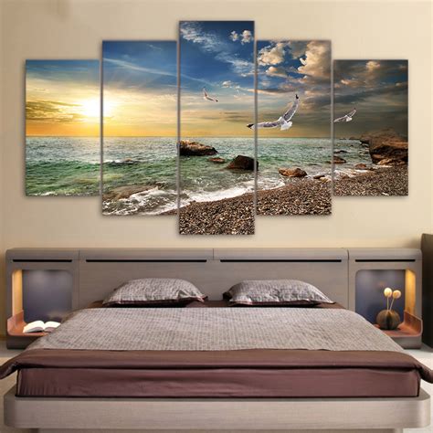 Shop our selection of romantic bedroom canvas prints, featuring love wall art and romantic paintings of couples. 5 Piece Sunset Landscape Seagull Beach At Twilight Multi ...