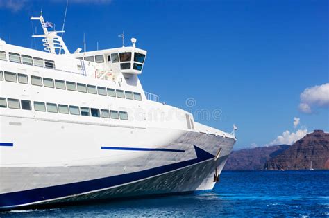 Modern Cruise Ship Sailing On Aegean Sea Santorini Greece Stock Photo