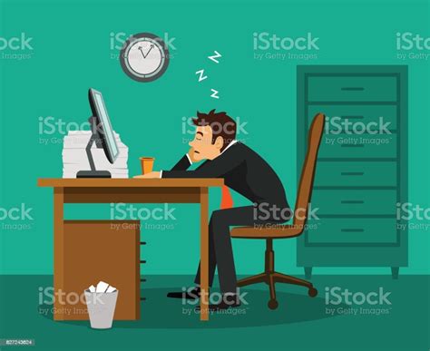 Exhausted Tired Bored Employee Sleeping At Work Desk In The Office Stock Illustration Download
