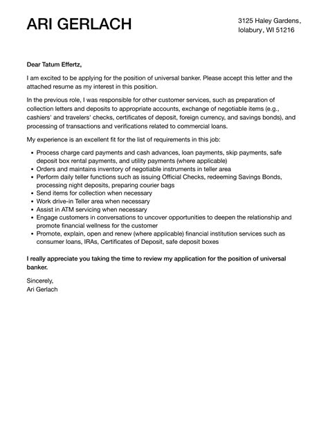 Universal Banker Cover Letter Velvet Jobs