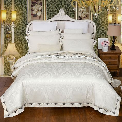 White Luxury Bedding Set Queen Size Cotton Duvet Cover Jacquard