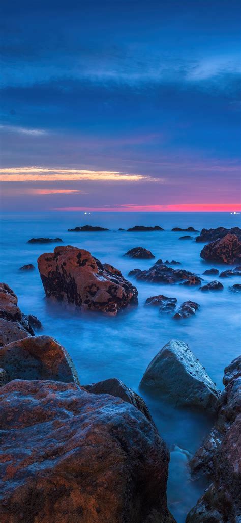 Beach Wallpaper 4k Ocean Sunset Horizon Rocky Shore Nature 8012