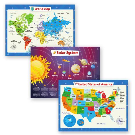 3 Pack Solar System Poster World Map Poster For Kids Wall And United