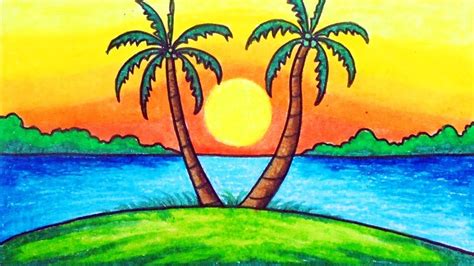 How To Draw Easy Scenery For Kids Drawing Sunset Scenery Step By Step