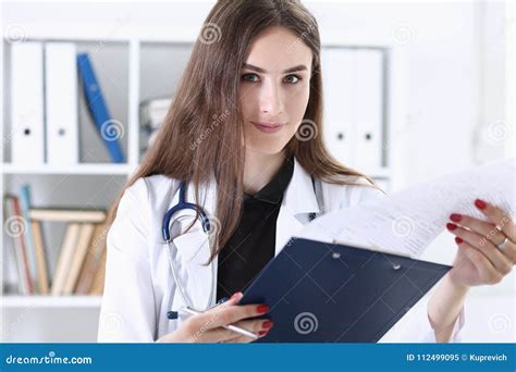 Beautiful Smiling Female Doctor Hold Clipboard Stock Image Image Of