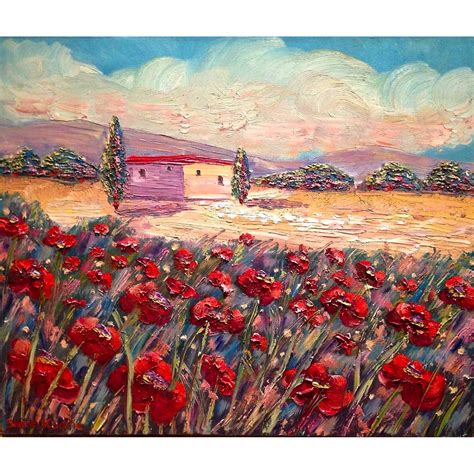 Tuscan Italy Red Poppies Italian Landscape Original Oil Painting From