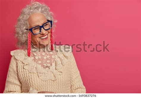 Close Portrait Happy Wrinkled Granny Looks Foto Stok 1693837276