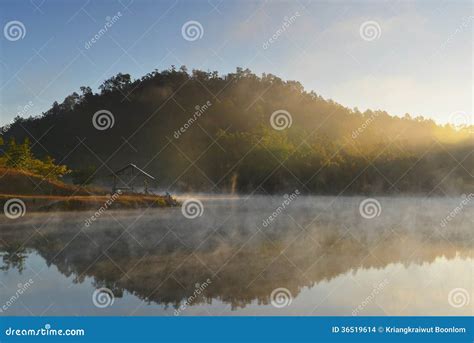 Beautiful Morning Sunrise And Mist In Lake Stock Photo Image Of Pond