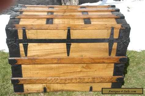 Antique Victorian Steamer Trunk Wood Oak Slats Chest Coffee Table Tray