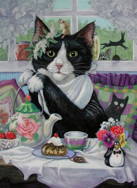 Cat Kitten Tea And Cake Chocolate Aceo Print From Original Oil By Joy