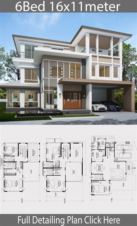 Home Design Plan 16x11m With 6 Bedrooms House Plans 3d