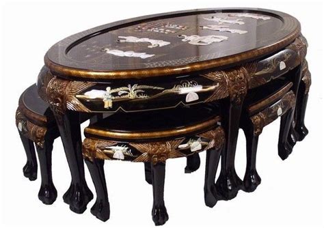 Oriental Furniture Chinese Oval Coffee Table Black Lacquer Mother Of