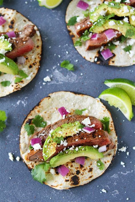 Grilled Chili Lime Steak Tacos With Red Onion Avocado Cilantro Queso