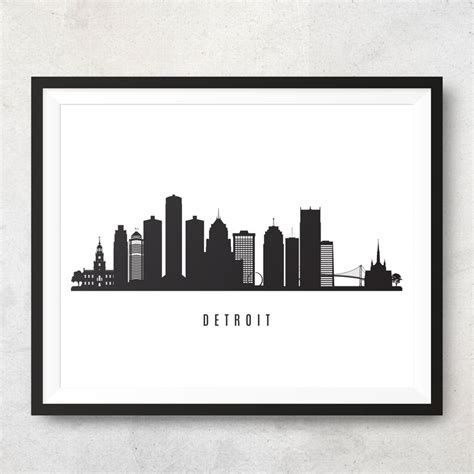 Detroit Skyline Printable Detroit Black White Wall Art Etsy