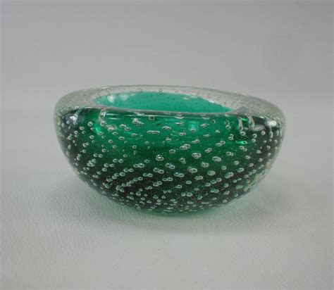 Murano Glass Ashtray Controlled Bubble Emerald Green Clear