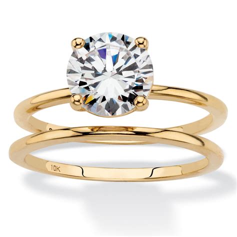 round cubic zirconia 2 piece solitaire wedding ring set 2 tcw in solid 10k yellow gold at