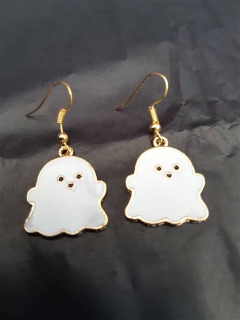 Halloween White Ghost Earrings White Enamel On Gold Tone Etsy Uk