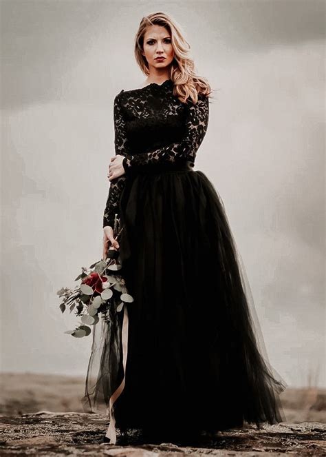 Beautiful Black Tulle Wedding Dress Long Sleeve Wedding Gown Etsy