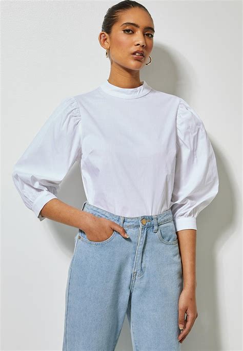 High Neck Puff Sleeve Blouse White Superbalist Blouses