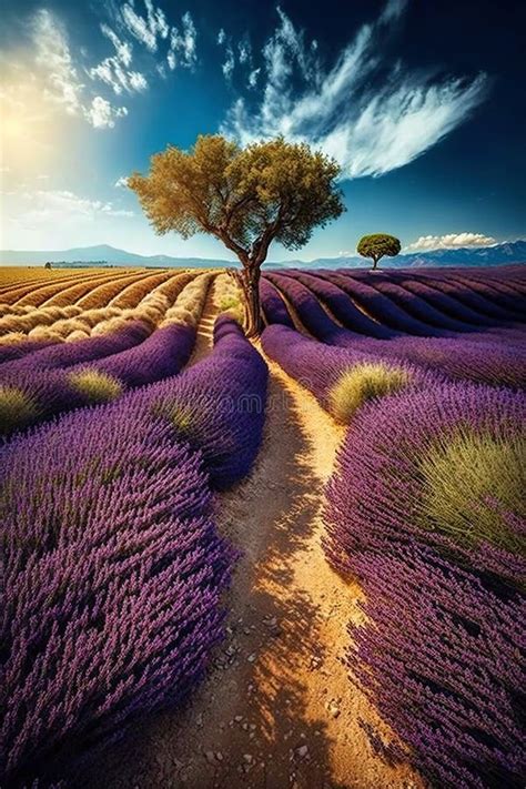 Purple Lavender Field In Provence At Sunset Lavender Generative Ai