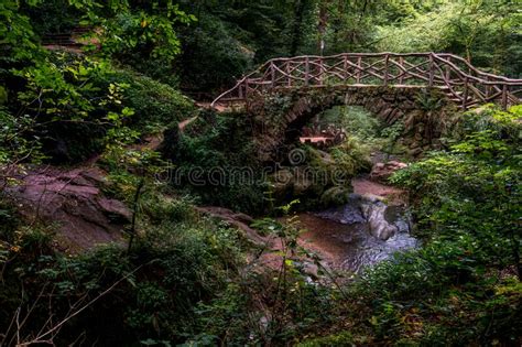 Mystical Forest Shot With Bridge Over Cascade Waterfalls In Luxembourg