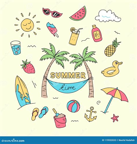 Summer Time Doodle Art With Beach Holiday Object Illustration Full