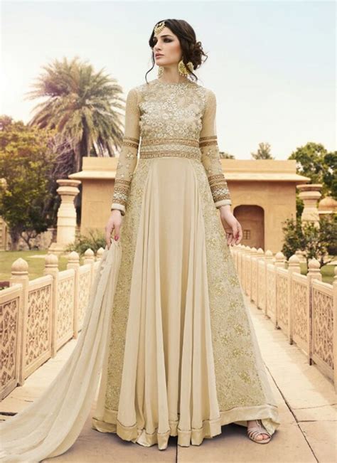 Anarkali gown lehenga gowns online sarees online printed gowns floral gown western dresses designer gowns. Cream Georgette Party Wear Embroidered Work Glossy Floor Touch Floral Anarkali Suits Suit ...