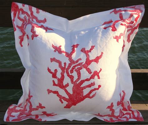 Red Coral On White Linen Beach Cottage Pillow Coral Pillows Nautical