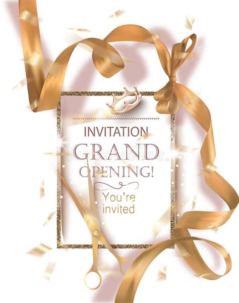 Grand Opening Banner With Beige And White Curly Silk Ribbons Stock