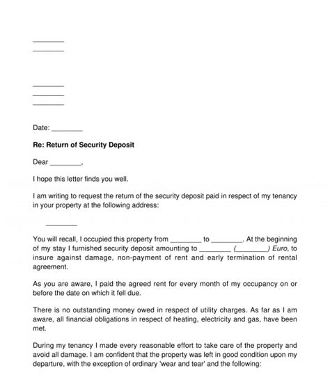 Letter Requesting Return Of Tenancy Deposit Template