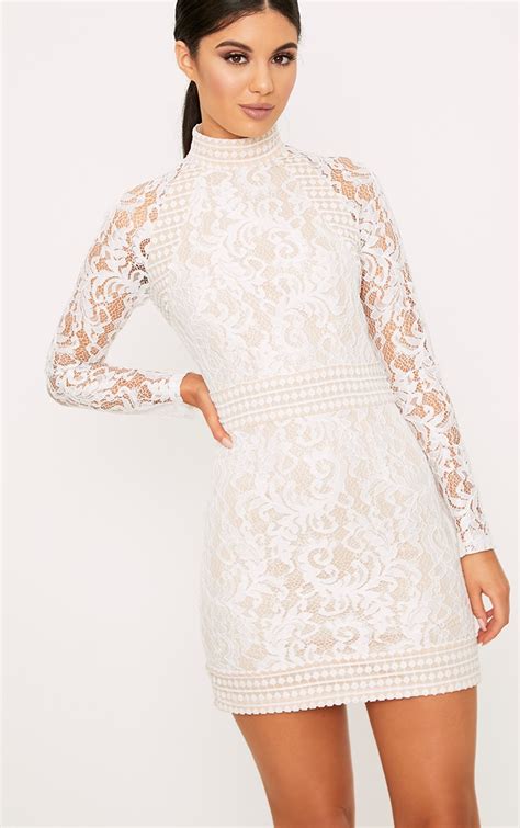 Isobel White Lace High Neck Bodycon Dress Prettylittlething Ie