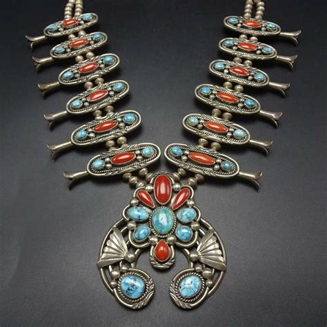 Stunning Vintage Navajo Sterling Silver Coral Turquoise Squash Blossom