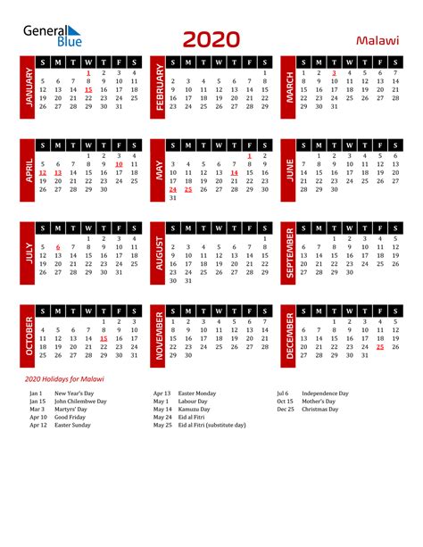 2020 Malawi Calendar With Holidays