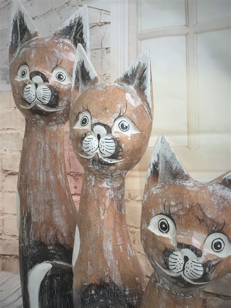 Cats Wood Carved Set Of 3 Wood Carving Set Carving Wooden Cat